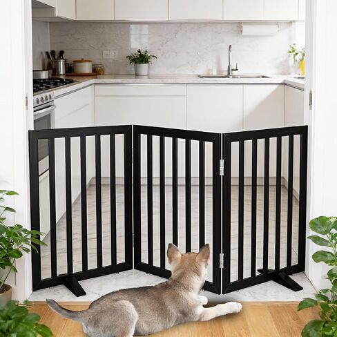 Dog Gate Indoor, Freestanding Dog Fence for The House, Doorways, Hallways,or Stairs,Pet Gate Foldable Wooden,Expandable 24" Height 3 Panels,Black in Kuwait