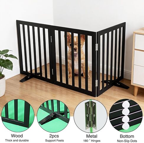 Dog Gate Indoor, Freestanding Dog Fence for The House, Doorways, Hallways,or Stairs,Pet Gate Foldable Wooden,Expandable 24" Height 3 Panels,Black in Kuwait