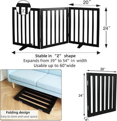 Dog Gate Indoor, Freestanding Dog Fence for The House, Doorways, Hallways,or Stairs,Pet Gate Foldable Wooden,Expandable 24" Height 3 Panels,Black in Kuwait