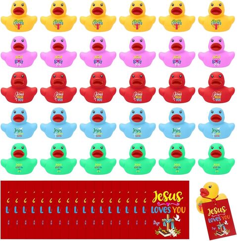 30 Sets Jesus Loves You Mini Rubber Ducks with Cards Strings | Little Jesus Ducks Figures Religious Bath Toys Christian Party Favors for Kid in Kuwait