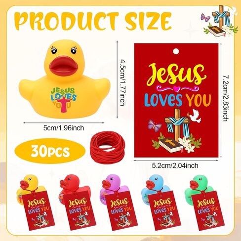 30 Sets Jesus Loves You Mini Rubber Ducks with Cards Strings | Little Jesus Ducks Figures Religious Bath Toys Christian Party Favors for Kid in Kuwait