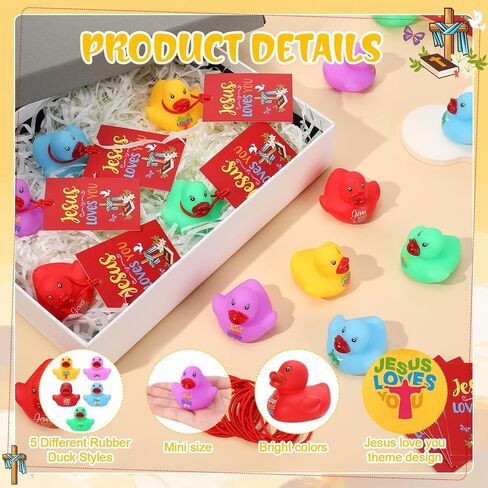 30 Sets Jesus Loves You Mini Rubber Ducks with Cards Strings | Little Jesus Ducks Figures Religious Bath Toys Christian Party Favors for Kid in Kuwait