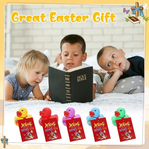 30 Sets Jesus Loves You Mini Rubber Ducks with Cards Strings | Little Jesus Ducks Figures Religious Bath Toys Christian Party Favors for Kid in Kuwait