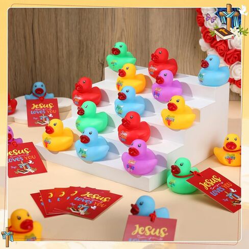 30 Sets Jesus Loves You Mini Rubber Ducks with Cards Strings | Little Jesus Ducks Figures Religious Bath Toys Christian Party Favors for Kid in Kuwait