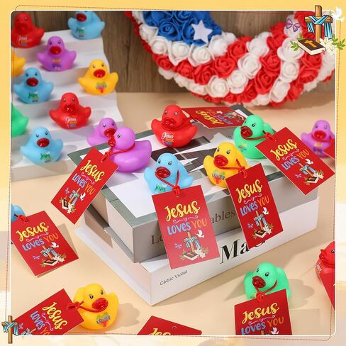 30 Sets Jesus Loves You Mini Rubber Ducks with Cards Strings | Little Jesus Ducks Figures Religious Bath Toys Christian Party Favors for Kid in Kuwait