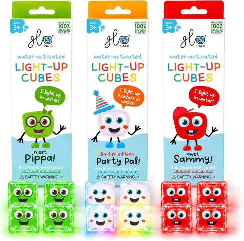 Glo Pals Water-Activated Light-Up Bath Toy Cubes, 3 Colors, 12 Pack | Glows Red, Blue, and Yellow On Contact with Water, Switch Off When Dry, Build Fine Motor Skills, Mold Free Designs in Kuwait