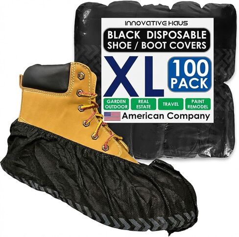 Black Disposable Shoe Covers Non Slip Booties, XL, 100 Pack | 50 Pairs, Reusable Indoors, Boot Protectors, Tread Grip, Nonwoven Polypropylene, Breathable, Fits Men's 14, Women's 16 in Kuwait