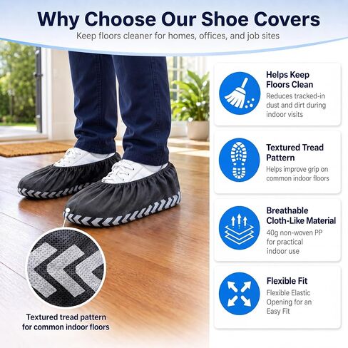 Black Disposable Shoe Covers Non Slip Booties, XL, 100 Pack | 50 Pairs, Reusable Indoors, Boot Protectors, Tread Grip, Nonwoven Polypropylene, Breathable, Fits Men's 14, Women's 16 in Kuwait