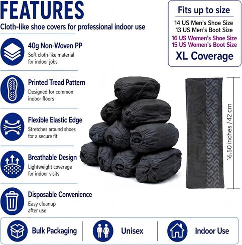 Black Disposable Shoe Covers Non Slip Booties, XL, 100 Pack | 50 Pairs, Reusable Indoors, Boot Protectors, Tread Grip, Nonwoven Polypropylene, Breathable, Fits Men's 14, Women's 16 in Kuwait