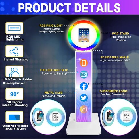 Portable Photo Booth for iPad 10.2'' 10.9" 11" 12.9" Shell Stand Selfie Station Customized Logo Photobooth Machine with Round RGB LED Light Ring and Flight Case for Events Wedding in Saudi Arabia