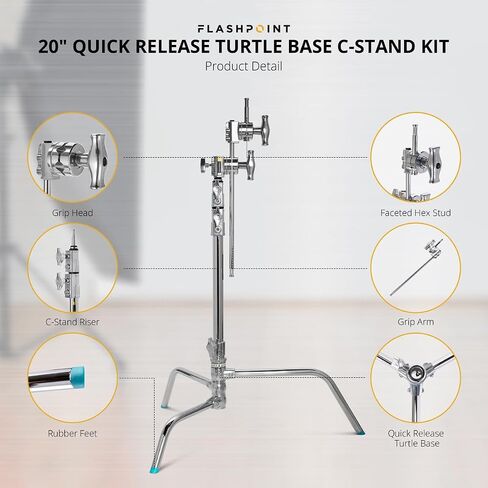 Flashpoint 20" Quick Release Turtle Base C-Stand Kit with 2.5" Grip Head 20" Grip Arm (Chrome) in Kuwait