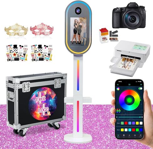 Oval Mirror Photo Booth with Camera and Printer, Portable Selfie DSLR Photo Booth with 15.6 inch Touch Screen APP Remote Control RGB Lights for Wedding Party Events Rental Christmas (White Full Set) in Kuwait
