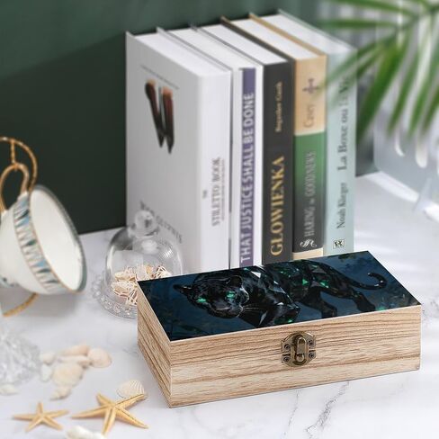 Panther Night Wooden Storage Box with Hinged Lid for Photo | Wood Keepsake Box, Dustproof Storage Box, Decorative Treasure Chest, Memory Box for Crafts Coins Stamps Letters Jewelry in Saudi Arabia