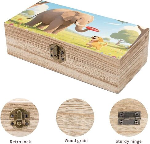 Elephant And Dog Wooden Storage Box with Hinged Lid for Photo | Wood Keepsake Box, Dustproof Storage Box, Decorative Treasure Chest, Memory Box for Crafts Coins Stamps Letters Jewelry in Kuwait