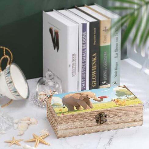 Elephant And Dog Wooden Storage Box with Hinged Lid for Photo | Wood Keepsake Box, Dustproof Storage Box, Decorative Treasure Chest, Memory Box for Crafts Coins Stamps Letters Jewelry in Kuwait