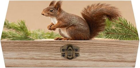 Squirrel on Stump Wooden Storage Box with Hinged Lid for Photo | Wood Keepsake Box, Dustproof Storage Box, Decorative Treasure Chest, Memory Box for Crafts Coins Stamps Letters Jewelry in Kuwait