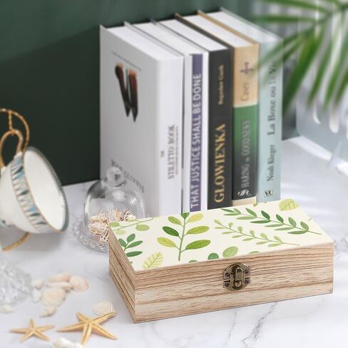 Greenery Leaves Pattern Wooden Storage Box with Hinged Lid for Photo | Wood Keepsake Box, Dustproof Storage Box, Decorative Treasure Chest, Memory Box for Crafts Coins Stamps Letters Jewelry in Kuwait
