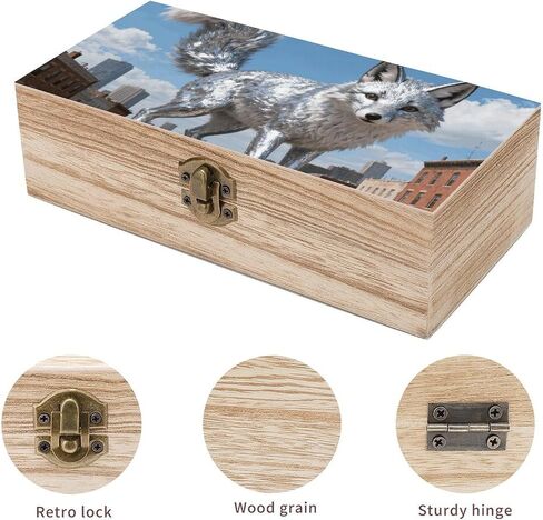 Fox Street View Wooden Storage Box with Hinged Lid for Photo | Wood Keepsake Box, Dustproof Storage Box, Decorative Treasure Chest, Memory Box for Crafts Coins Stamps Letters Jewelry in Kuwait
