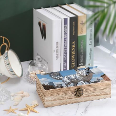 Fox Street View Wooden Storage Box with Hinged Lid for Photo | Wood Keepsake Box, Dustproof Storage Box, Decorative Treasure Chest, Memory Box for Crafts Coins Stamps Letters Jewelry in Kuwait