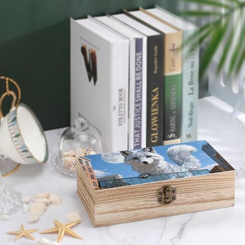 Fox Glass City Wooden Storage Box with Hinged Lid for Photo | Wood Keepsake Box, Dustproof Storage Box, Decorative Treasure Chest, Memory Box for Crafts Coins Stamps Letters Jewelry in Kuwait