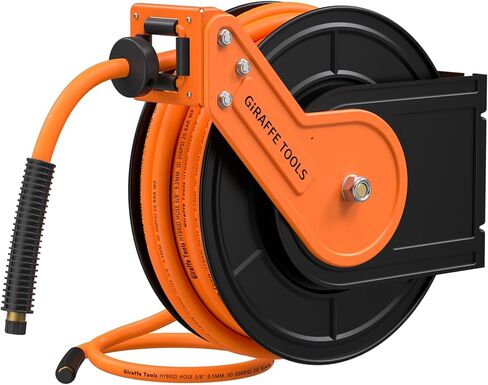 Giraffe Tools Retractable Air Hose Reel 50ft 3/8" Hybrid Hose Garage | All-weather Flexible -40°F to 150°F, 300 PSI Steel Frame, Wall/Ceiling Mount, Easy Install, for Home Garage Tire Inflation in Kuwait