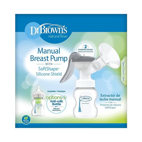Dr. Brown’s Manual Breast Pump with SoftShape 100% Silicone Shield (B, 25mm flange) & Anti-Colic Options+ Wide-Neck Baby Bottle 5 oz/150 mL, with Level 1 Slow Flow Nipple in Kuwait
