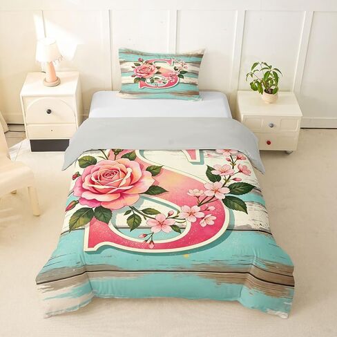 Erosebridal Custom Floral Toddler Bedding Sets Personalized Initial S Duvet Cover,Spring Flowers Bed Set Rustic Farmhouse Style Bed Cover,No Comforter in Kuwait