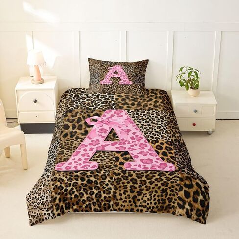 Erosebridal Brown Pink Leopard Print Toddler Duvet Cover Bow Initial A Cheetah Comforter Cover Patchwork Bowknot Wildlife Bedding Set Modern Fashion Aesthetic Quilt Cover in Kuwait