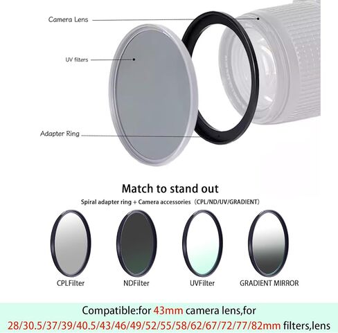(2PCS) 43-82mm Step Up Filter Adapter Ring for 43mm Camera Lens and for 82mm Filters 43-28/30.5/37/39/40.5/43/46/49/52/55/58/62/67/72/77/82mm Step Up & Step Down Adapter Rings in Kuwait