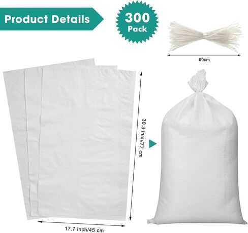 Windyun 500 Pcs White Empty Sandbags with Ties 18 x 30 Inch White Woven Polypropylene Sand Bags Bulk, Heavy Duty Sand Bags Flood Water Barrier for Hurricane Flooding, Construction in Kuwait