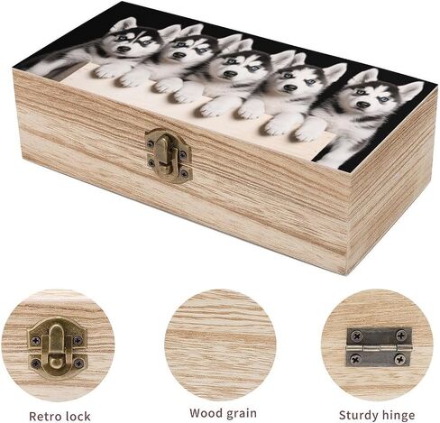 Husky Dog Wooden Storage Box with Hinged Lid for Photo | Wood Keepsake Box, Dustproof Storage Box, Decorative Treasure Chest, Memory Box for Crafts Coins Stamps Letters Jewelry in Kuwait