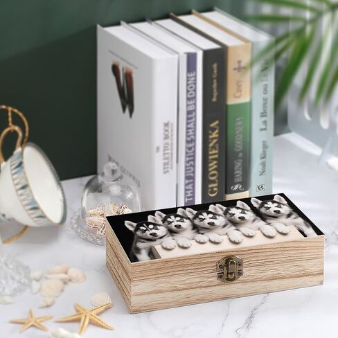 Husky Dog Wooden Storage Box with Hinged Lid for Photo | Wood Keepsake Box, Dustproof Storage Box, Decorative Treasure Chest, Memory Box for Crafts Coins Stamps Letters Jewelry in Kuwait