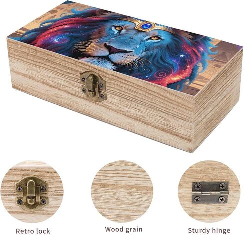 Lion Starry Night Wooden Storage Box with Hinged Lid for Photo | Wood Keepsake Box, Dustproof Storage Box, Decorative Treasure Chest, Memory Box for Crafts Coins Stamps Letters Jewelry in Kuwait