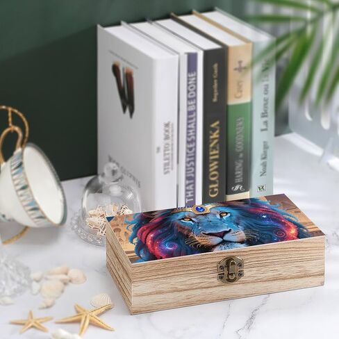 Lion Starry Night Wooden Storage Box with Hinged Lid for Photo | Wood Keepsake Box, Dustproof Storage Box, Decorative Treasure Chest, Memory Box for Crafts Coins Stamps Letters Jewelry in Kuwait