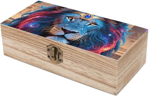 Lion Starry Night Wooden Storage Box with Hinged Lid for Photo | Wood Keepsake Box, Dustproof Storage Box, Decorative Treasure Chest, Memory Box for Crafts Coins Stamps Letters Jewelry in Kuwait