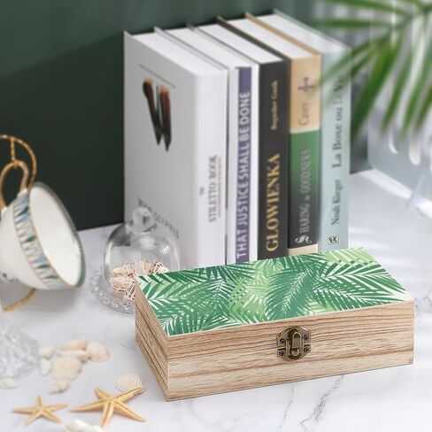 Green Palm Wooden Storage Box with Hinged Lid for Photo | Wood Keepsake Box, Dustproof Storage Box, Decorative Treasure Chest, Memory Box for Crafts Coins Stamps Letters Jewelry in Kuwait