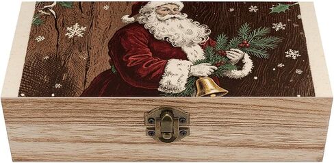 Christmas Santa Claus Wooden Storage Box with Hinged Lid for Photo | Wood Keepsake Box, Dustproof Storage Box, Decorative Treasure Chest, Memory Box for Crafts Coins Stamps Letters Jewelry in Kuwait