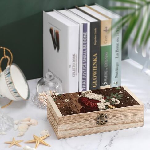 Christmas Santa Claus Wooden Storage Box with Hinged Lid for Photo | Wood Keepsake Box, Dustproof Storage Box, Decorative Treasure Chest, Memory Box for Crafts Coins Stamps Letters Jewelry in Kuwait