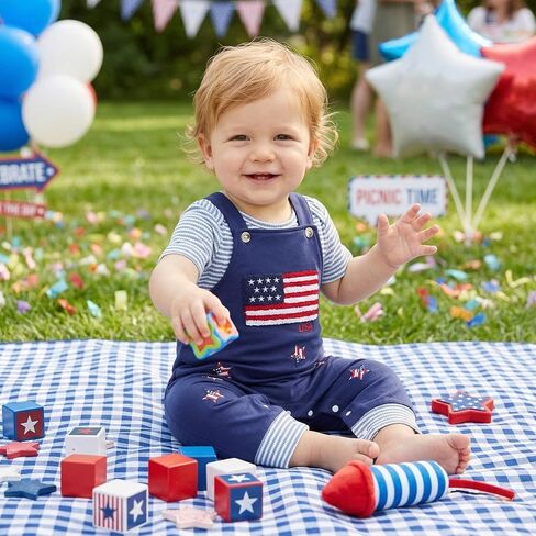 Sasaerucure Baby Boy 4th of July Outfit Short Sleeve Romper Suspender American Flag Jumpsuit Overall Pants Set in Kuwait