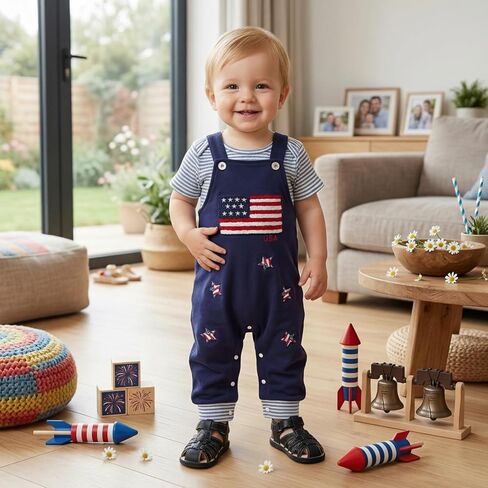 Sasaerucure Baby Boy 4th of July Outfit Short Sleeve Romper Suspender American Flag Jumpsuit Overall Pants Set in Kuwait