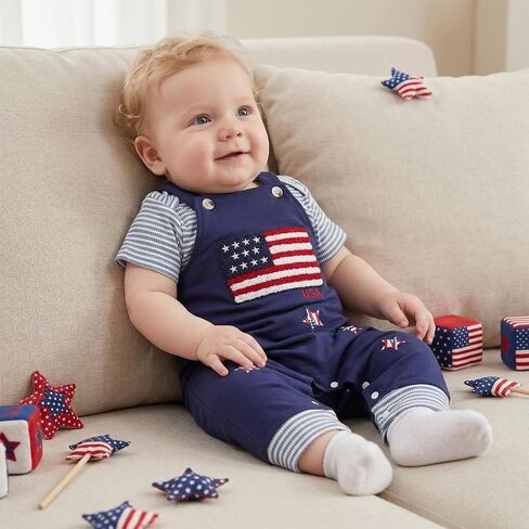 Sasaerucure Baby Boy 4th of July Outfit Short Sleeve Romper Suspender American Flag Jumpsuit Overall Pants Set in Kuwait