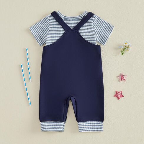 Sasaerucure Baby Boy 4th of July Outfit Short Sleeve Romper Suspender American Flag Jumpsuit Overall Pants Set in Kuwait