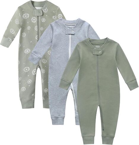 Owlivia Organic Cotton Baby Boys Girls 3-Pack Zip up Sleep 'N Play Pjs, Soft Footless Romper, Long Sleeve One-Piece Outfit in Kuwait