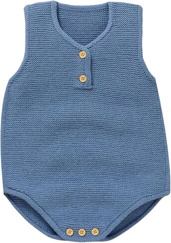 Baby Knit Romper Summer Sleeveless V-Neck Sweater | Tank Top Bodysuit,Breathable Romper,Tank Top Design,Snap Crotch,Neutral Newborn Summer Clothes,Infant One Piece Outfits,1-9M in Kuwait