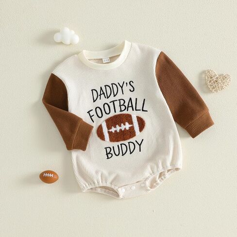 Baby Boy Girl Football Outfit Sweasthirt Romper Long Sleeve Shirt Bodysuit | Daddys Football Buddy Letter Crewneck Pullover Waffle Knit Sweater Bubble Romper Fall Winter Clothes in Kuwait