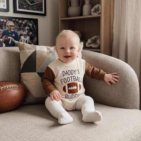 Baby Boy Girl Football Outfit Sweasthirt Romper Long Sleeve Shirt Bodysuit | Daddys Football Buddy Letter Crewneck Pullover Waffle Knit Sweater Bubble Romper Fall Winter Clothes in Kuwait
