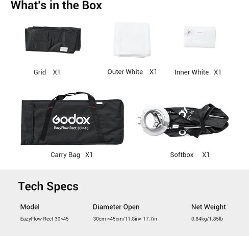 Godox EazyFlow Rect 30x45 Foldable Softbox, 30x45cm / 11.8x17.7 Quick Release Strip with Grid & Bowens Mount, 1-Second Setup for Flash LED Light, Accent Hair Small Product Detail Photography in Kuwait