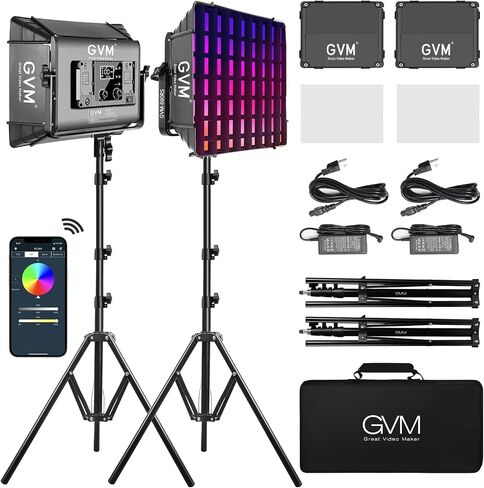 GVM RGB Photography Lighting Kits with 2 Softboxes, 880RS 60W Studio Lights with Bluetooth Control, 2 Packs Video Light with 18 Lighting Scenes, led Panel Lights for Video Recording, 8330lux/0.5M in Kuwait