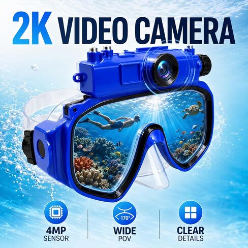 2K Diving Mask Camera for Snorkeling and Swimming | 15 m Waterproof, Detachable Design, Wi-Fi Viewing, Type-C Charging & 16GB TF Card in Kuwait