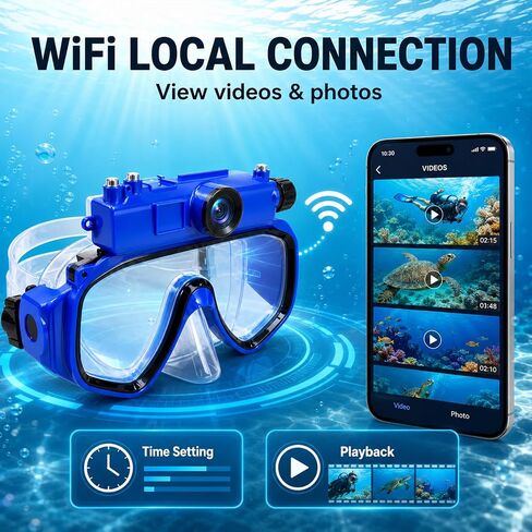 2K Diving Mask Camera for Snorkeling and Swimming | 15 m Waterproof, Detachable Design, Wi-Fi Viewing, Type-C Charging & 16GB TF Card in Kuwait